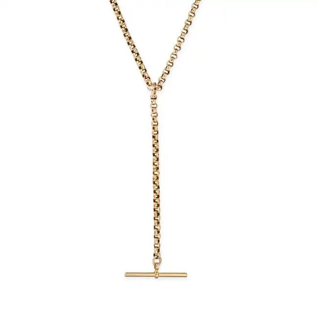 AN ANTIQUE T BAR NECKLACE in 9ct yellow gold, comprising a belcher chain suspending a length of