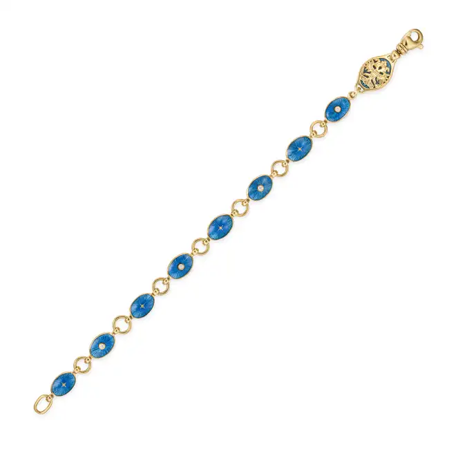 VICTOR MAYER FOR FABERGE, A DIAMOND AND ENAMEL BRACELET in 18ct yellow gold, comprising a row of