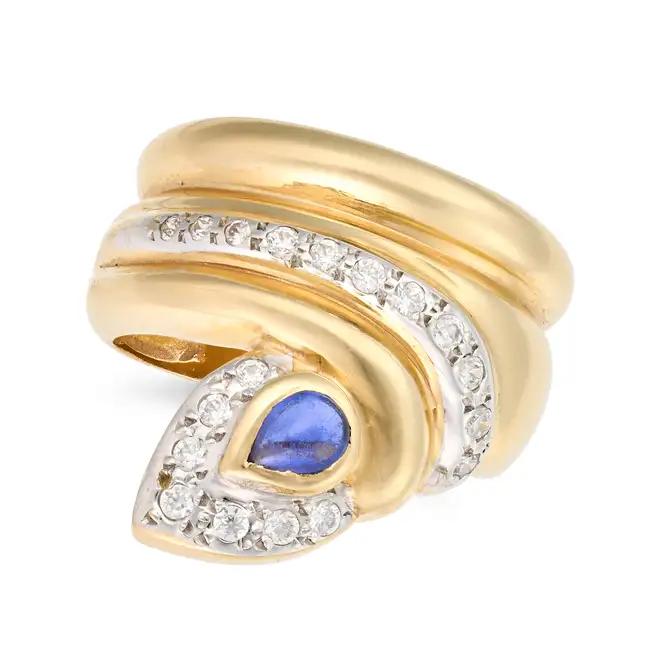 NO RESERVE - A SAPPHIRE AND DIAMOND SNAKE RING in 14ct yellow gold, designed as a coiled snake,
