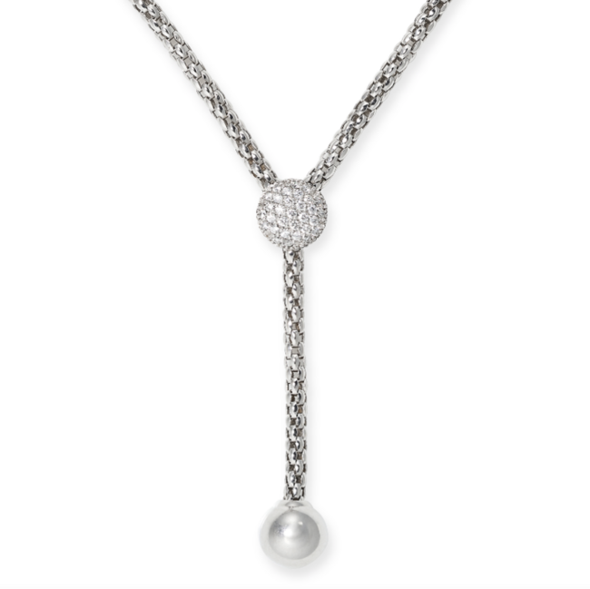 FOPE, A DIAMOND NECKLACE in 18ct white gold, the fancy link chain set with a circular slider of round brilliant cut diamonds, suspending a silver sphere drop, signed Fope, stamped 750, 41.0cm, 18.9g.