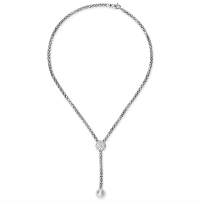 FOPE, A DIAMOND NECKLACE in 18ct white gold, the fancy link chain set with a circular slider of round brilliant cut diamonds, suspending a silver sphere drop, signed Fope, stamped 750, 41.0cm, 18.9g.