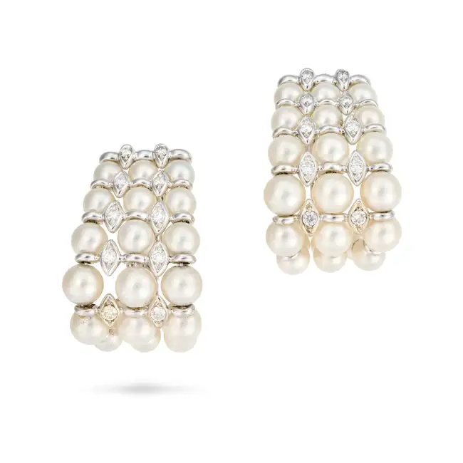 A LARGE PAIR OF ITALIAN PEARL AND DIAMOND HOOP CLIP EARRINGS in 18ct white gold, each comprising
