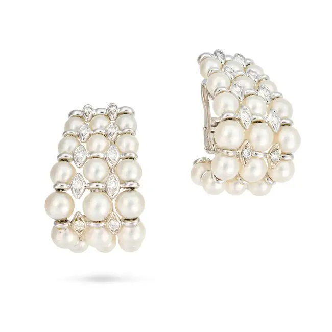 A LARGE PAIR OF ITALIAN PEARL AND DIAMOND HOOP CLIP EARRINGS in 18ct white gold, each comprising
