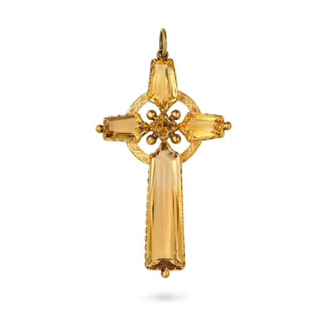 AN ANTIQUE CITRINE CROSS PENDANT designed as a cross set with fancy cut citrines, no assay marks,