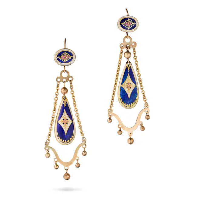 A PAIR OF ANTIQUE VICTORIAN ENAMEL DROP EARRINGS each suspending a pear shaped enamel drop