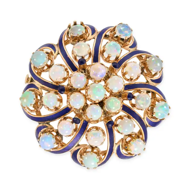 NO RESERVE - A FINE VINTAGE OPAL AND ENAMEL BROOCH in yellow gold, set throughout with round