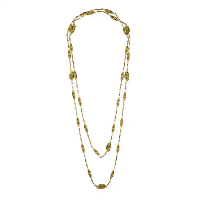 LALIQUE, A FINE ANTIQUE ART NOUVEAU ENAMEL PEACOCK FEATHER SAUTOIR NECKLACE, CIRCA 1890 in 18ct