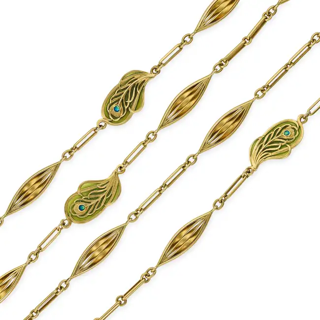 LALIQUE, A FINE ANTIQUE ART NOUVEAU ENAMEL PEACOCK FEATHER SAUTOIR NECKLACE, CIRCA 1890 in 18ct