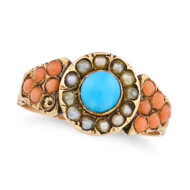 NO RESERVE - AN ANTIQUE VICTORIAN TURQUOISE, CORAL AND NATURAL PEARL MOURNING RING, CIRCA 1863 in
