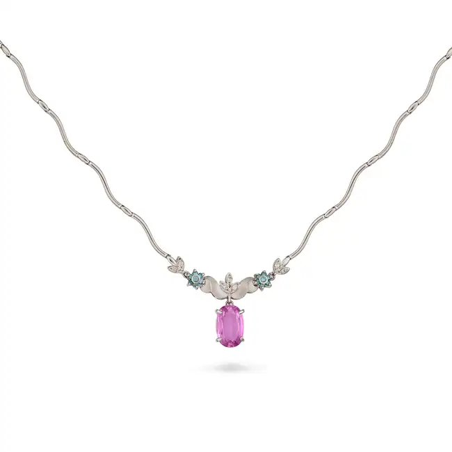 A PINK SAPPHIRE AND DIAMOND PENDANT NECKLACE comprising a row of undulating links, accented by