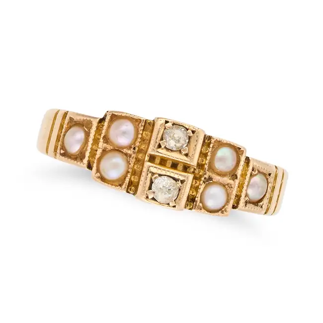 NO RESERVE - AN ANTIQUE VICTORIAN PEARL AND DIAMOND RING, 1894 in 15ct yellow gold, set with old cut