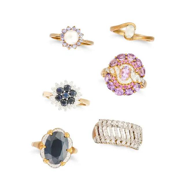 A COLLECTION OF SIX GEMSET RINGS comprising an amethyst and diamond dress ring, no assay marks, size