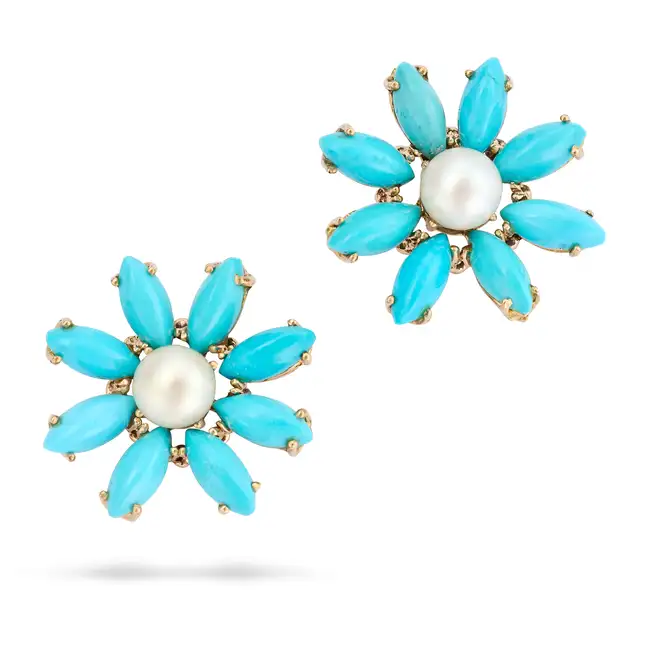 A PAIR OF TURQUOISE AND PEARL FLOWER EARRINGS each designed as a flower set with a pearl, the petals