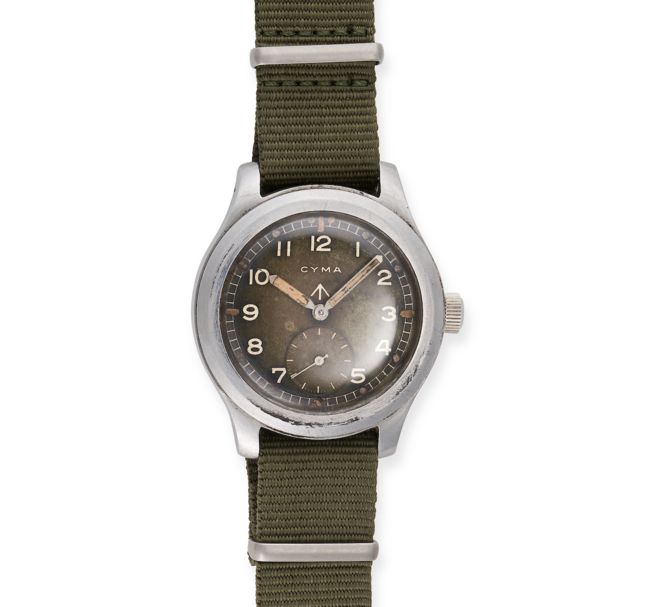 CYMA - A CYMA W.W.W BRITISH MILITARY ISSUE DIRTY DOZEN WRISTWATCH in stainless steel, c.1944-45, P15068, 20068, the circular dial with broad arrow stamp and  subsidiary seconds dial, to an aftermarket green NATO strap, 37mm.