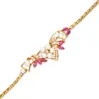 NO RESERVE - A RUBY, PEARL AND DIAMOND BRACELET in 18ct yellow gold, in foliate design, set with a