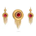 NO RESERVE - AN ANTIQUE VICTORIAN GARNET ETRUSCAN REVIVAL BROOCH AND EARRINGS SUITE, CIRCA 1860 in