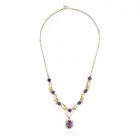 A VINTAGE AMETHYST AND PEARL NECKLACE in 9ct yellow gold, the necklace in foliate design, set with