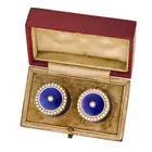 A PAIR OF ANTIQUE PEARL AND ENAMEL PILL POTS comprising two pill pots decorated with blue enamel,