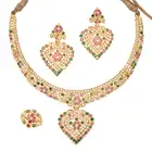 AN INDIAN PEARL, RUBY AND EMERALD HEART NECKLACE, EARRINGS AND RING SUITE the necklace comprising