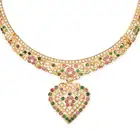 AN INDIAN PEARL, RUBY AND EMERALD HEART NECKLACE, EARRINGS AND RING SUITE the necklace comprising