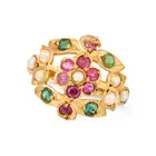 AN INDIAN PEARL, RUBY AND EMERALD HEART NECKLACE, EARRINGS AND RING SUITE the necklace comprising