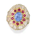 A FRENCH SAPPHIRE, RUBY AND DIAMOND DRESS RING in 18ct yellow gold, set with an oval cut sapphire of
