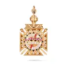 A RARE ANTIQUE DIAMOND, RUBY AND ENAMEL DOUBLE SIDED MASONIC PENDANT in yellow gold, designed as a