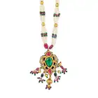 AN INDIAN RUBY, DIAMOND, EMERALD AND PEARL NECKLACE the pendant set to the centre with a green paste