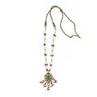 AN INDIAN RUBY, DIAMOND, EMERALD AND PEARL NECKLACE the pendant set to the centre with a green paste