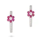 NO RESERVE - A PAIR OF RUBY AND DIAMOND FLOWER HOOP EARRINGS in 18ct white gold, each designed as