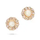 AN ANTIQUE NATURAL PEARL AND DIAMOND BANGLE, EARRINGS AND RING SUITE in yellow gold, the hinged