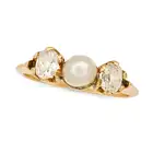 AN ANTIQUE NATURAL PEARL AND DIAMOND BANGLE, EARRINGS AND RING SUITE in yellow gold, the hinged