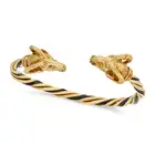 A VINTAGE ENAMEL RAM BANGLE in 18ct yellow gold, the open cuff bangle in twisted design, relieved in