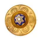 NO RESERVE - AN ANTIQUE VICTORIAN PEARL AND ENAMEL ETRUSCAN REVIVAL BROOCH, CIRCA 1870 in yellow