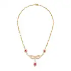 NO RESERVE - A RUBY AND DIAMOND NECKLACE in 18ct yellow gold, set with a trio of oval cut rubies