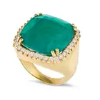 MORAGLIONE, A SOUDE EMERALD AND DIAMOND RING set with a cushion cut soude emerald within a border of