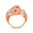 A VINTAGE CORAL, RUBY AND DIAMOND DUCK RING in 18ct yellow gold, in crossover design, designed as