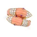 A VINTAGE CORAL, RUBY AND DIAMOND DUCK RING in 18ct yellow gold, in crossover design, designed as