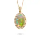 AN OPAL AND DIAMOND PENDANT NECKLACE in 14ct yellow gold, the pendant set with an oval cabochon opal
