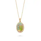 AN OPAL AND DIAMOND PENDANT NECKLACE in 14ct yellow gold, the pendant set with an oval cabochon opal