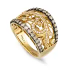A DIAMOND DRESS RING in 14ct yellow gold, the openwork ring in foliate design, set with round