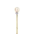 AN ANTIQUE AUSTRIAN PEARL AND DIAMOND STICK / TIE PIN in yellow gold, set with a pearl accented by
