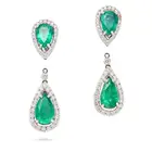 A PAIR OF ZAMBIAN EMERALD AND DIAMOND DROP EARRINGS each comprising a pear cut emerald within a