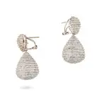 A PAIR OF DIAMOND DROP EARRINGS in 18ct white gold, comprising a domed pear shaped cluster of