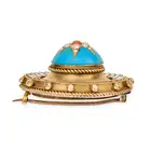 NO RESERVE - AN ANTIQUE VICTORIAN TURQUOISE, CORAL, PEARL AND ENAMEL BROOCH, CIRCA 1860 in yellow