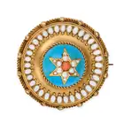 NO RESERVE - AN ANTIQUE VICTORIAN TURQUOISE, CORAL, PEARL AND ENAMEL BROOCH, CIRCA 1860 in yellow