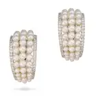 A PAIR OF PEARL AND DIAMOND HOOP EARRINGS each designed as a half hoop set with three graduating
