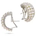 A PAIR OF PEARL AND DIAMOND HOOP EARRINGS each designed as a half hoop set with three graduating