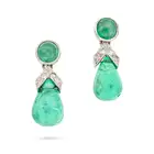 A PAIR OF COLOMBIAN EMERALD AND DIAMOND DROP EARRINGS each set with a round cabochon emerald,