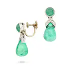 A PAIR OF COLOMBIAN EMERALD AND DIAMOND DROP EARRINGS each set with a round cabochon emerald,